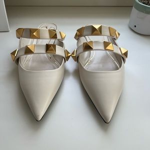 Valentino White Leather Stud Flat Mules. Worn once. Duster included.